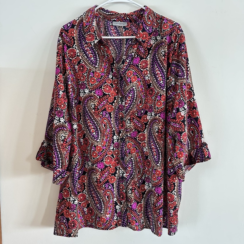 Women's Catherines‎ Top Shirt 2X Purple Pink Paisley Button Short Sleeve Dressy